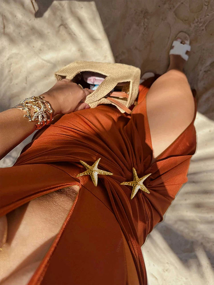 2 Piece Starfish One Piece Bathing Suits with High Split Skirt Cover ups Sexy Halter Bikini Sets K59