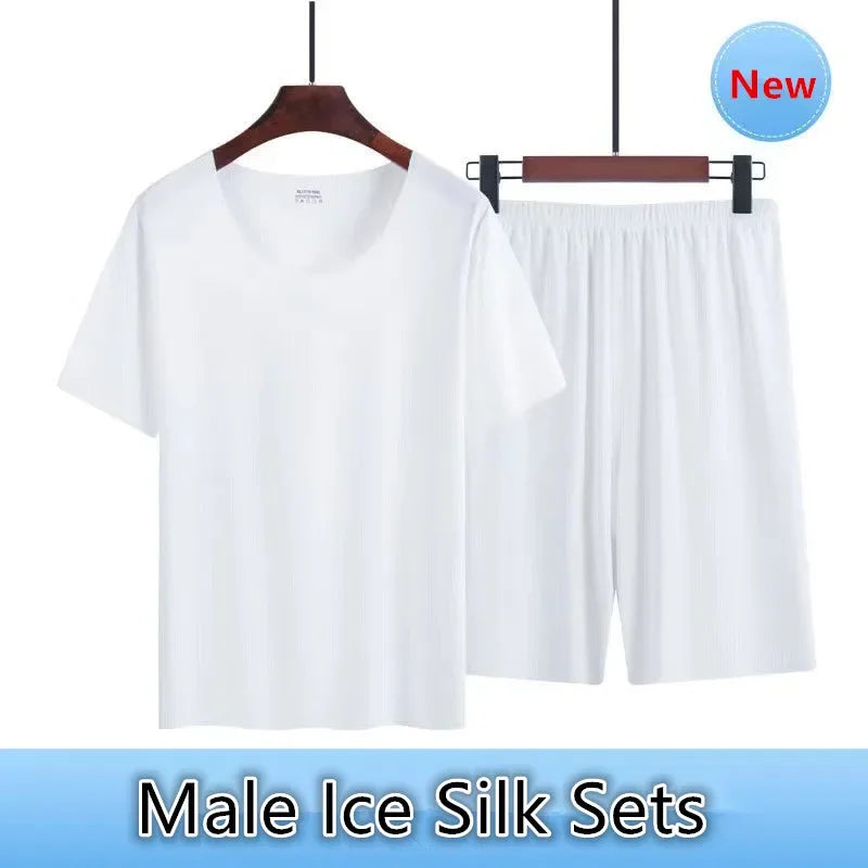 Men's Summer Thin Pajamas Suit Home Wear Seamless Short Sleeve Shorts Sleepwear Sets Non-trace Ice Silk Lounge Nightwear for Men