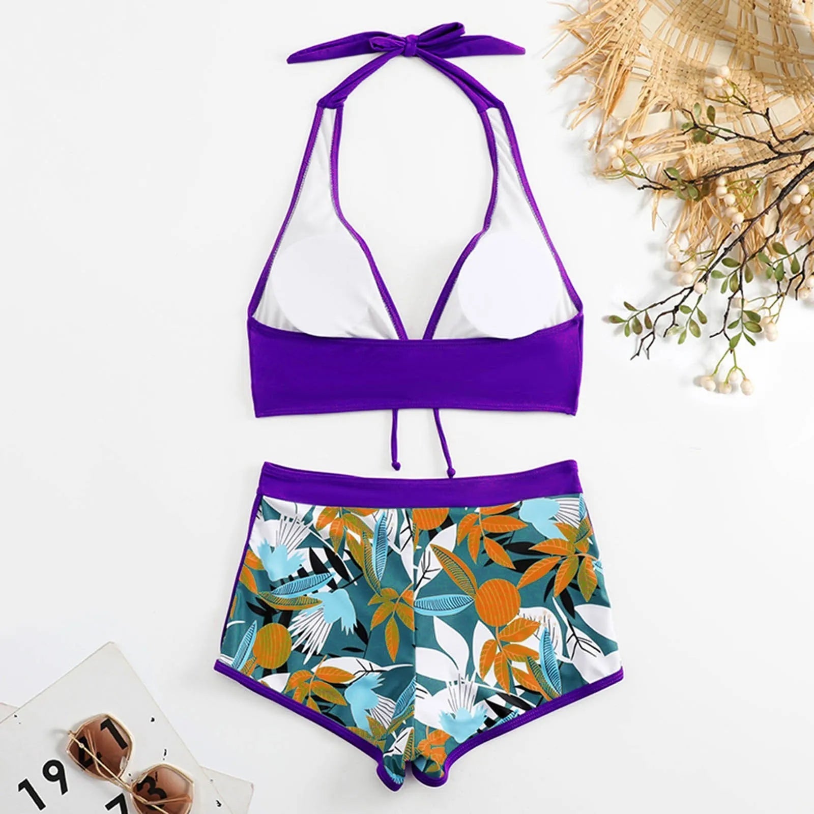 PLANT Bikini shorts Set  High Waist Swimsuit 2 Pieces Plant Print  Bathing Swim Suit Beachwear