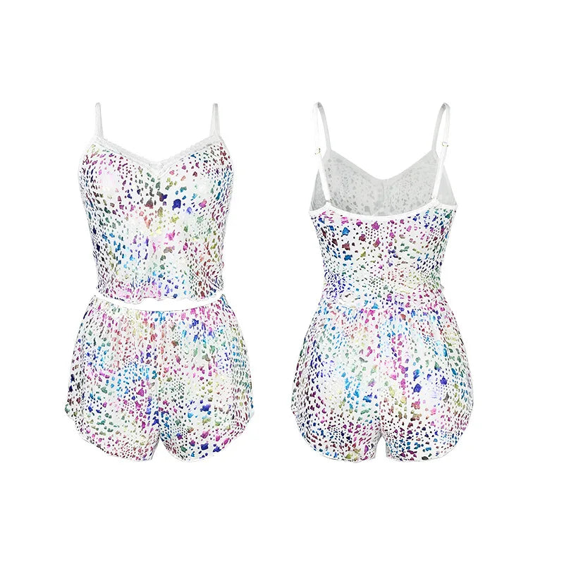 2Pcs Women Sexy Pajama Set Print Mesh Silk Spaghetti Strap Top Shorts Pajama Women Sleepwear Femme Pajamas