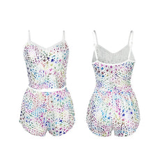 2Pcs Women Sexy Pajama Set Print Mesh Silk Spaghetti Strap Top Shorts Pajama Women Sleepwear Femme Pajamas
