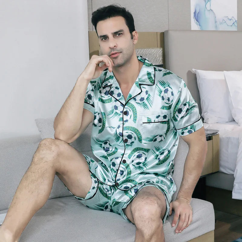 Mens Silk Satin Print Pajamas Set Short Sleeved Pocket Button Shirt Shorts Bottom For Summer Loungewear Sleepwear Home Wear Suit