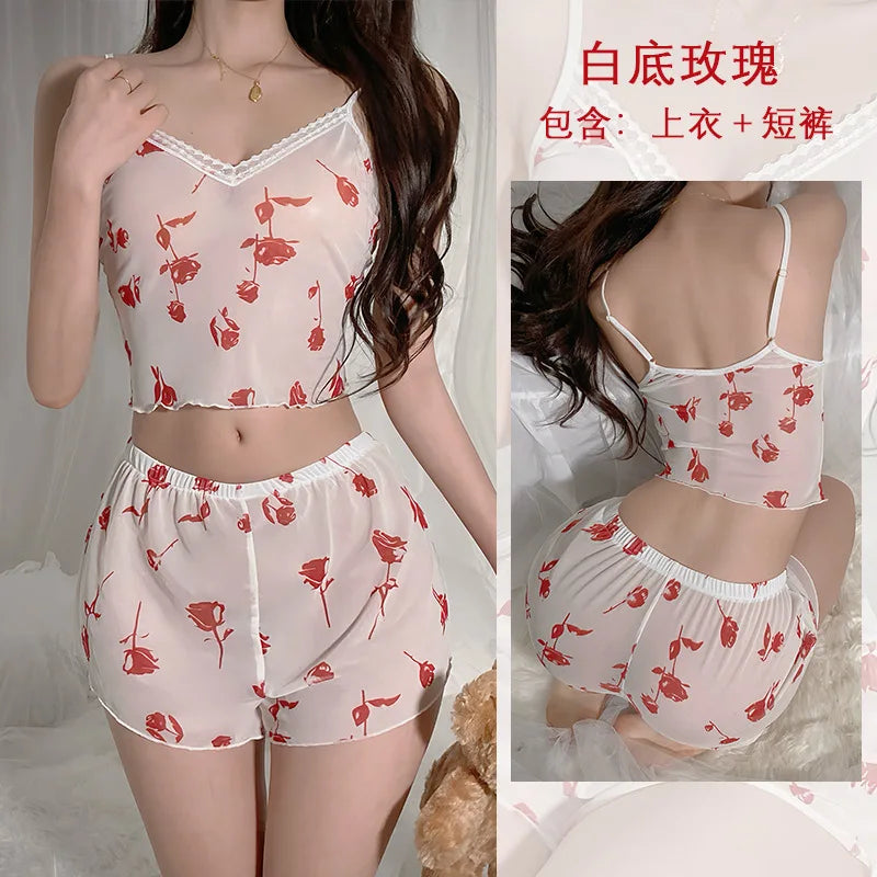 2Pcs Women Sexy Pajama Set Print Mesh Silk Spaghetti Strap Top Shorts Pajama Women Sleepwear Femme Pajamas